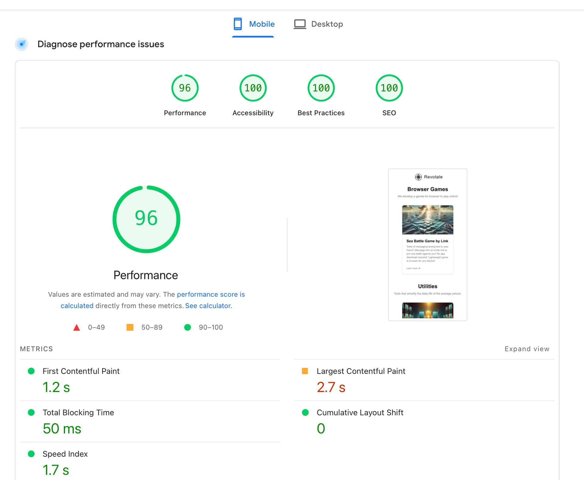 Скріншот оцінки PageSpeed RevoTale