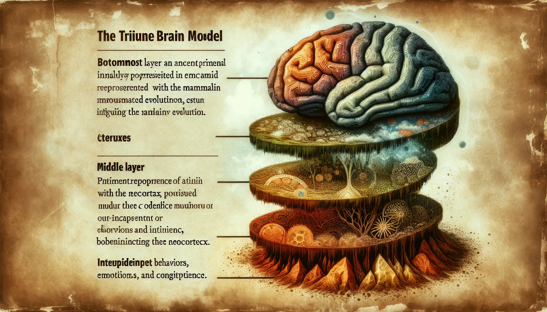 Generated image for Three metaphorical layers of the brain