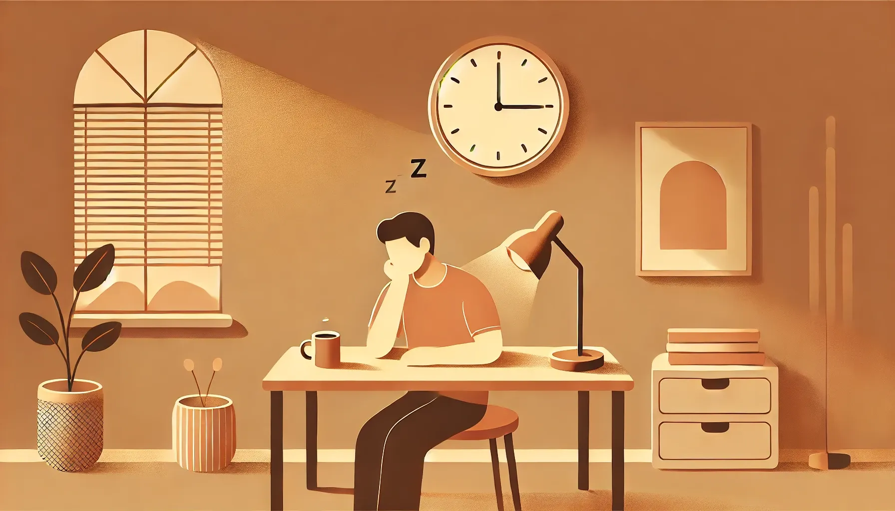 疲れた人が、暖かく柔らかな照明に包まれ、背景には遅い夜を示す輝く時計がある中で、コーヒーを手にした居心地の良い机に座っています。