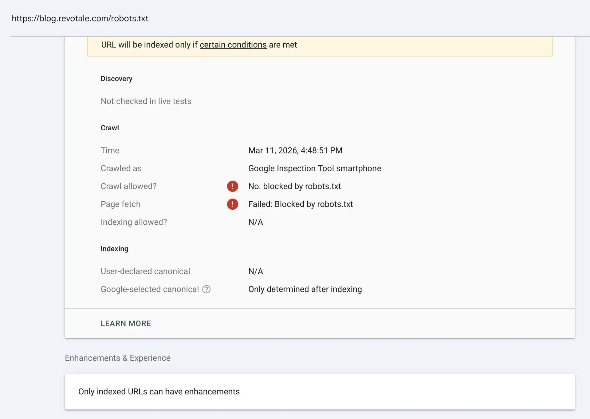 Screenshot of Google Search Console admin panel where Google rejecting to crawl the `robots.txt` file of https://blog.revotale.com 