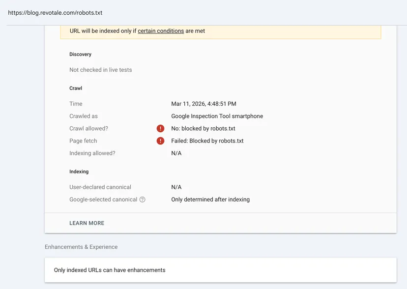 Screenshot of Google Search Console admin panel where Google rejecting to crawl the `robots.txt` file of https://blog.revotale.com